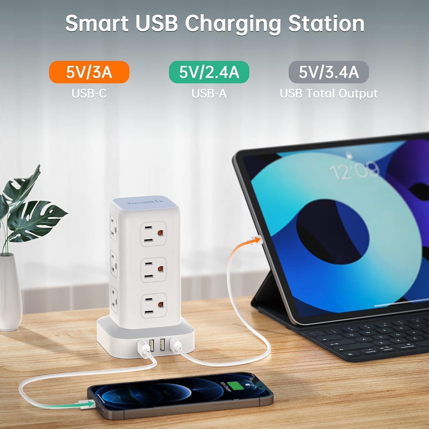 Tower Surge Protector Power Strip with USB 12 Outlets with 4 USB Ports (1 USB C), 10FT Extension Cord Multi Plug Outlet Extender Overload Protection for Home Office