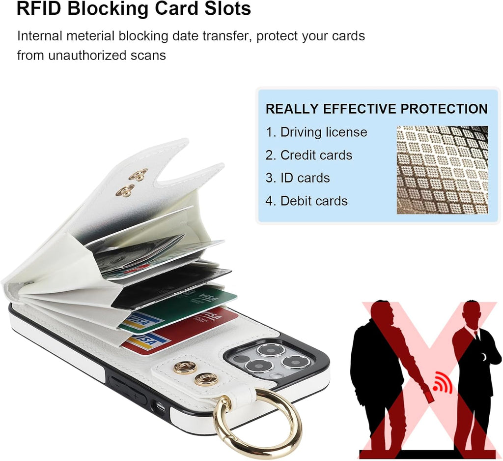 Folosu for iPhone 12/12 Pro Wallet Case with Card Holder, Hand Wrist Strap Loop Holder Kickstand, RFID Blocking Finger Grip Ring PU Leather Double Buttons Shockproof Cover 6.1 Inch (White)