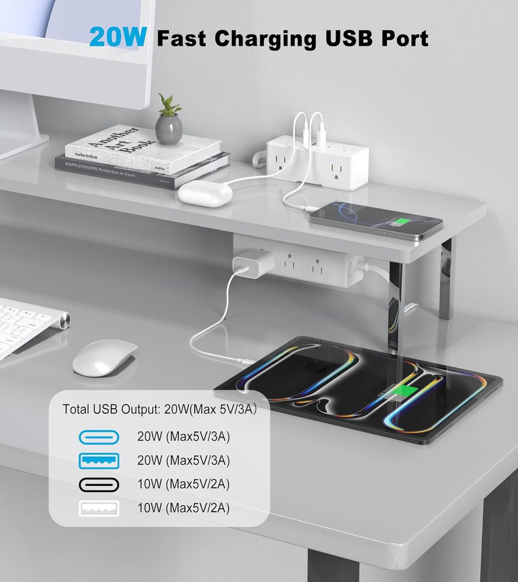 Dual Layer Desk Clamp Power Strip, 19 in 1 Desktop Edge Mount Surge Protector with 4 USB Ports(2 USB-C) & 15 AC Outlets, Ultra Thin Flat Plug & 15FT Power Cord for Office Home(ETL Listed)