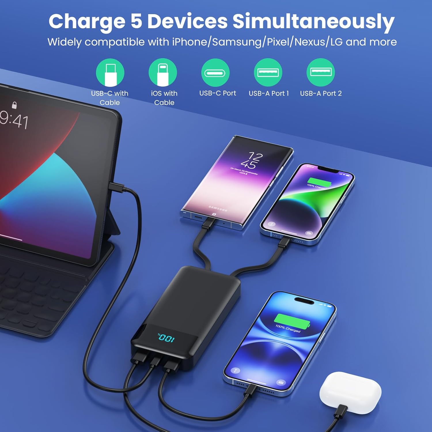 Portable Charger 40800mAh Power Bank with 3 Built-in Cable,25W PD USB C in&Out Power Bank Fast Phone Charging,QC4.0 LED Display Portable Battery Pack Compatible with iPhone 16/15, Galaxy Android-Black