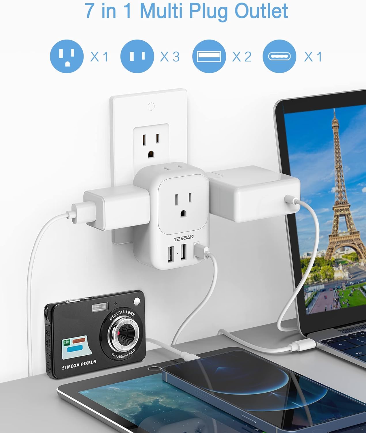USB Wall Charger, TESSAN Wall Plug Adapter Outlet Extender, 3 Charger Block (1 USB C Port), Multi Charging Station for Cruise, Bathroom, Office, Dorm Essentials, White