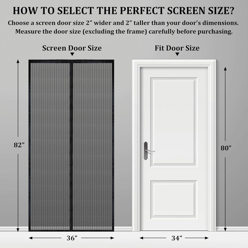 Magnetic Screen Door - Self Sealing, Heavy Duty, Hands Free Mesh Partition Keeps Bugs Out Let Breeze in- Pet and Kid Friendly - Keep Open Feature (Black, Fit Door Size 34 x 80 Inch)