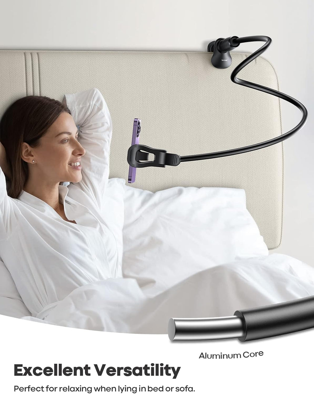 Lamicall Gooseneck Phone Holder for Bed - [Upgraded Stable Clip] for Desk, Headboard, Bed, Bedside, Table, Flexible Gooseneck Long Arm Stand, Overhead Cell Phone Clamp Mount, for All 4-7” Devices