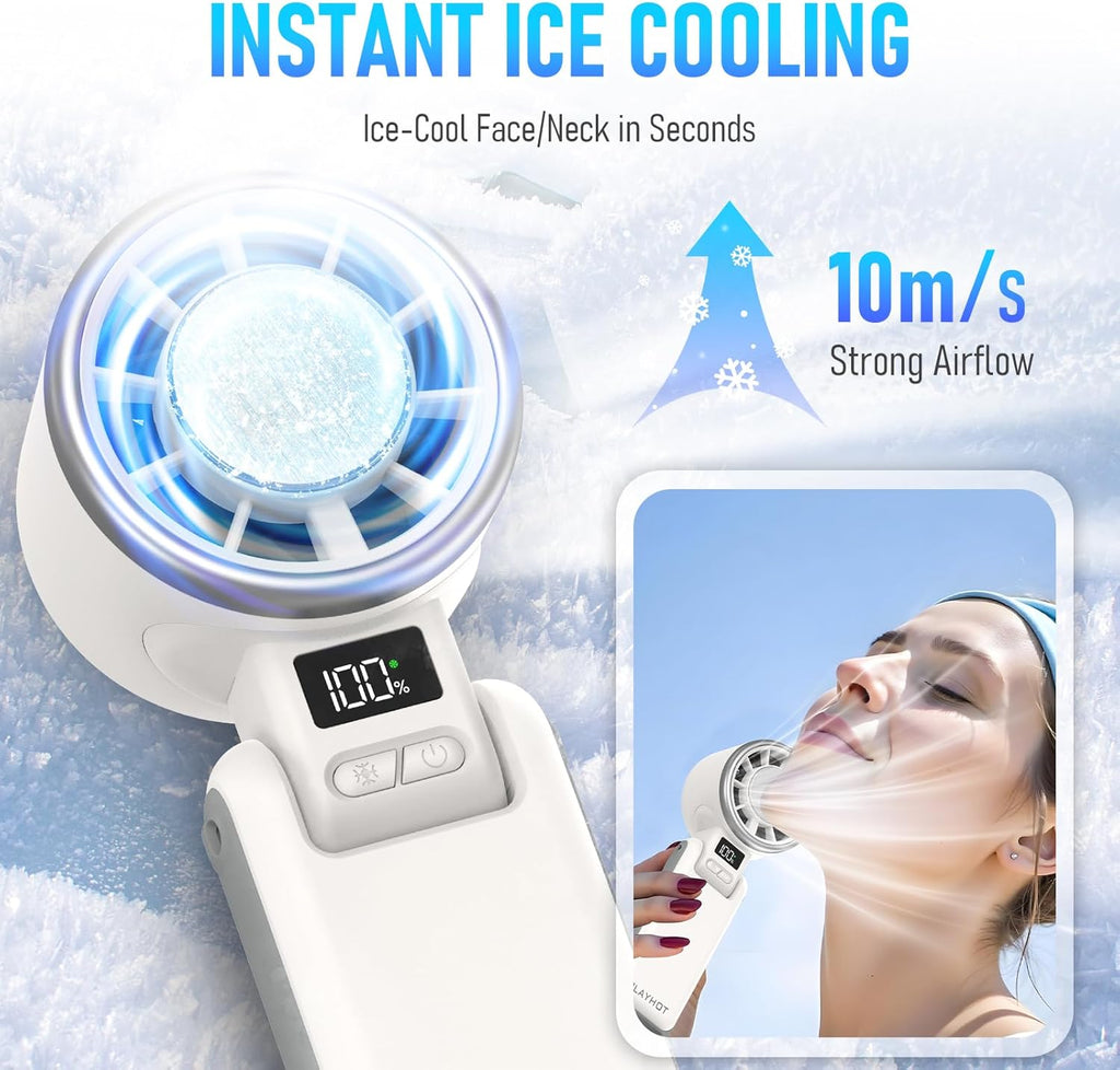 Portable Handheld Turbo Fan with Ice Cooling, Rechargeable Personal Fan, Up tp 12Hrs Cooling, 5 Speed 25550RPM Powerful Portable Fan for Travel, Outdoor, Camping, Hiking (White)