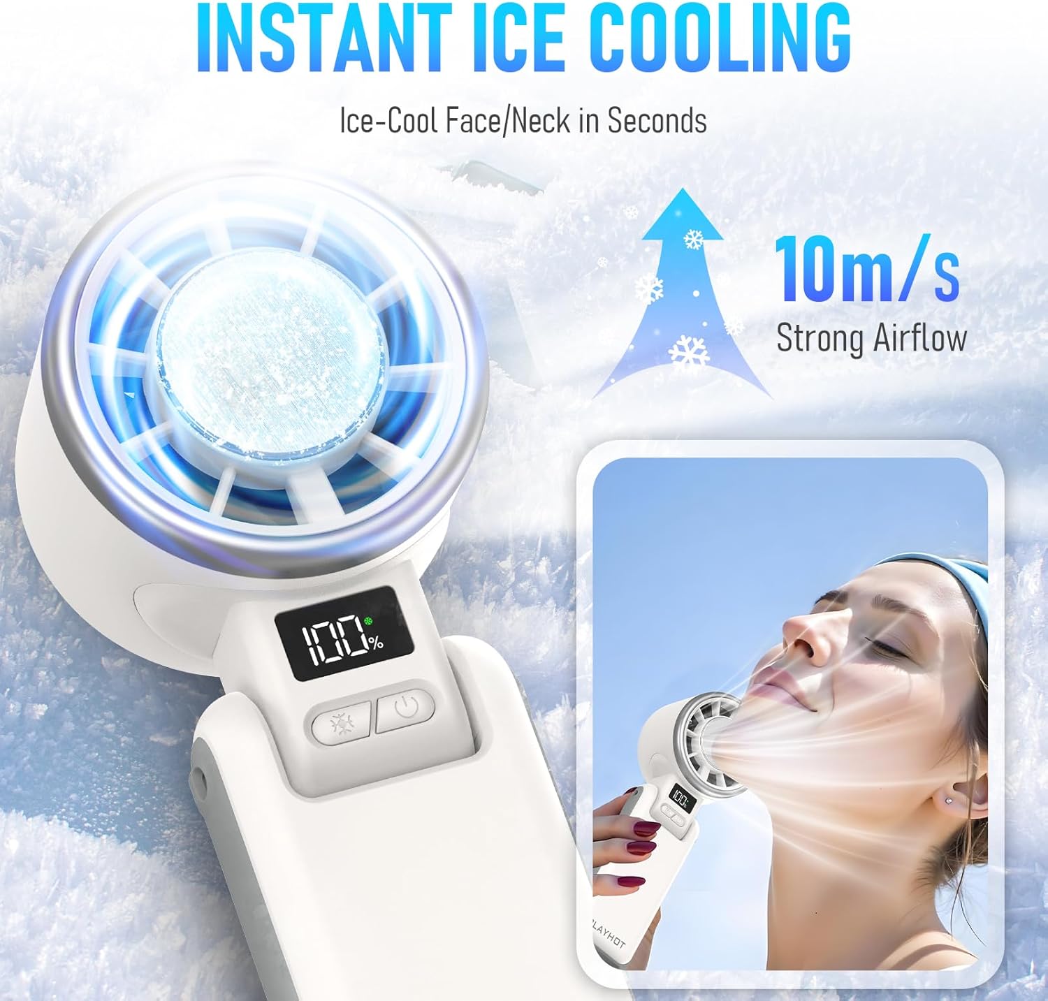 Portable Handheld Turbo Fan with Ice Cooling, Rechargeable Personal Fan, Up tp 12Hrs Cooling, 5 Speed 25550RPM Powerful Portable Fan for Travel, Outdoor, Camping, Hiking (White)