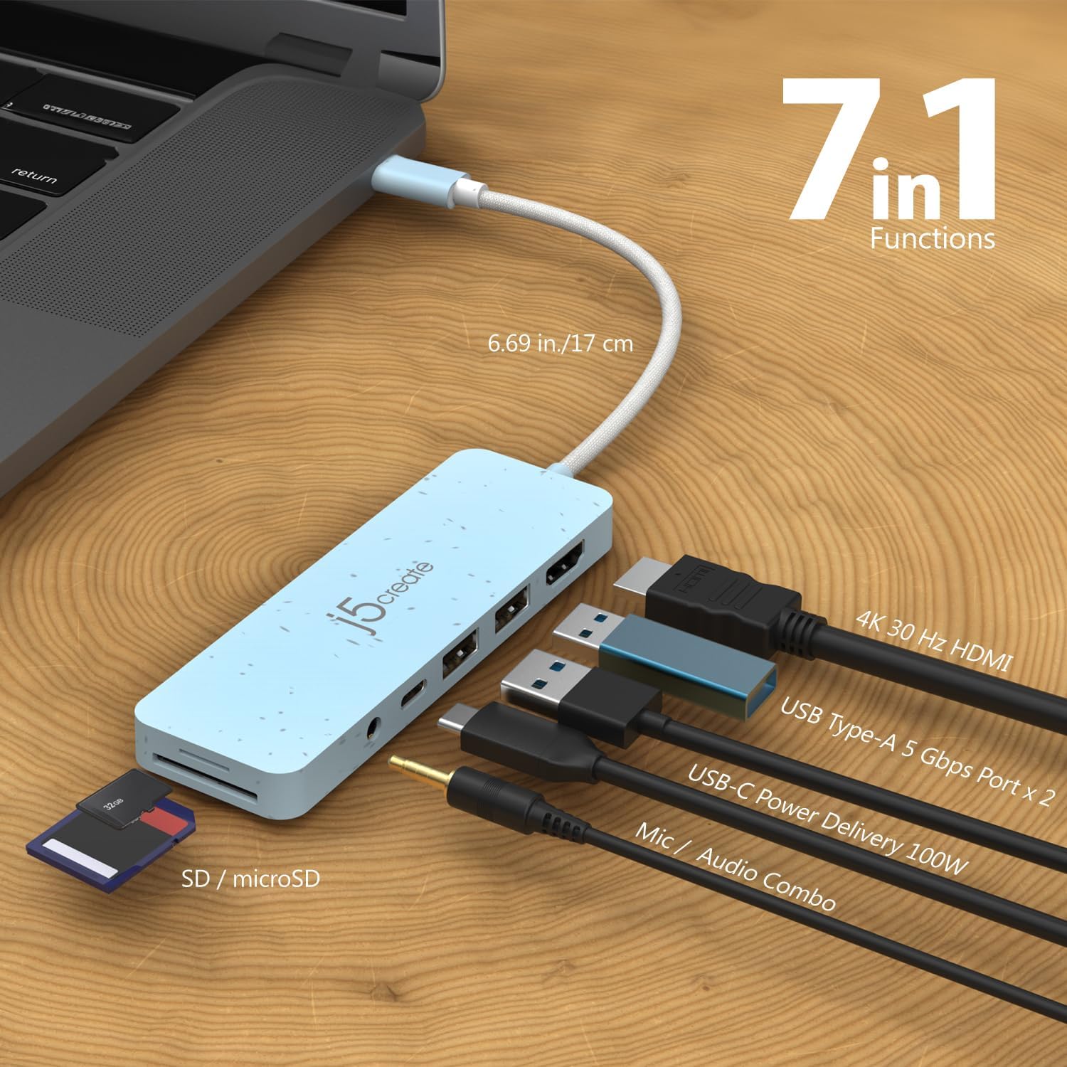 j5create USB-C Pink Multi-Port Hub with Power Delivery with 4K HDMI/2 USB-A 5Gbps/PD 100W Charging SD&Micro SD/3.5mm Audio | for MacBook/iPad Pro/iMac/Surface/XPS/Thinkpad/Galaxy/and More(JCD373ER)