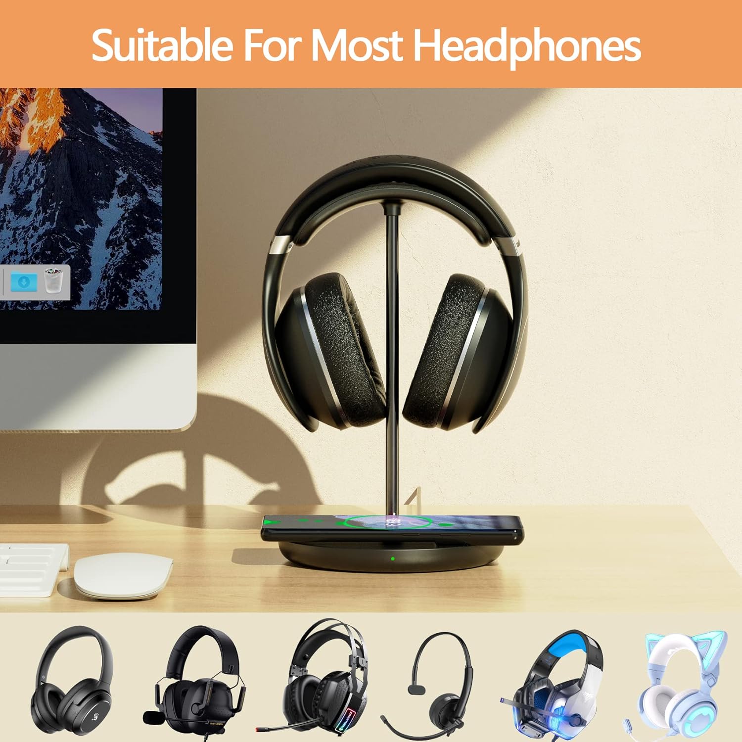 Headphone Stand with Wireless Charger, Gaming Headset Holder Hanger Rack 2 IN 1 Wireless Charging Station Dock for iPhone 15/14/13/12/11 Series, Samsung, AirPods Pro/3/2 and Desk All Headphones, Black