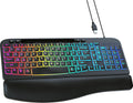 Ergonomic Backlit Keyboard with Wrist Rest, 7 Colors USB Wired Computer Keyboard, Wave Keys, with Phone/Tablet Holder, Comfortable Lighted Keyboard for PC, Windows and Mac