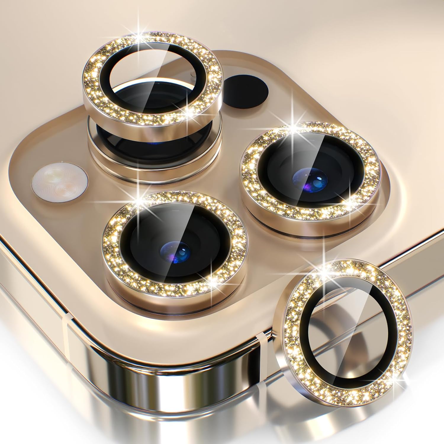 Choiche [3+1 for iPhone 13 Pro/iPhone 13 Pro Max Camera Lens Protector Bling, 9H Tempered Glass Camera Cover Screen Protector Metal Ring Decoration Accessories (Glitter-Gold)