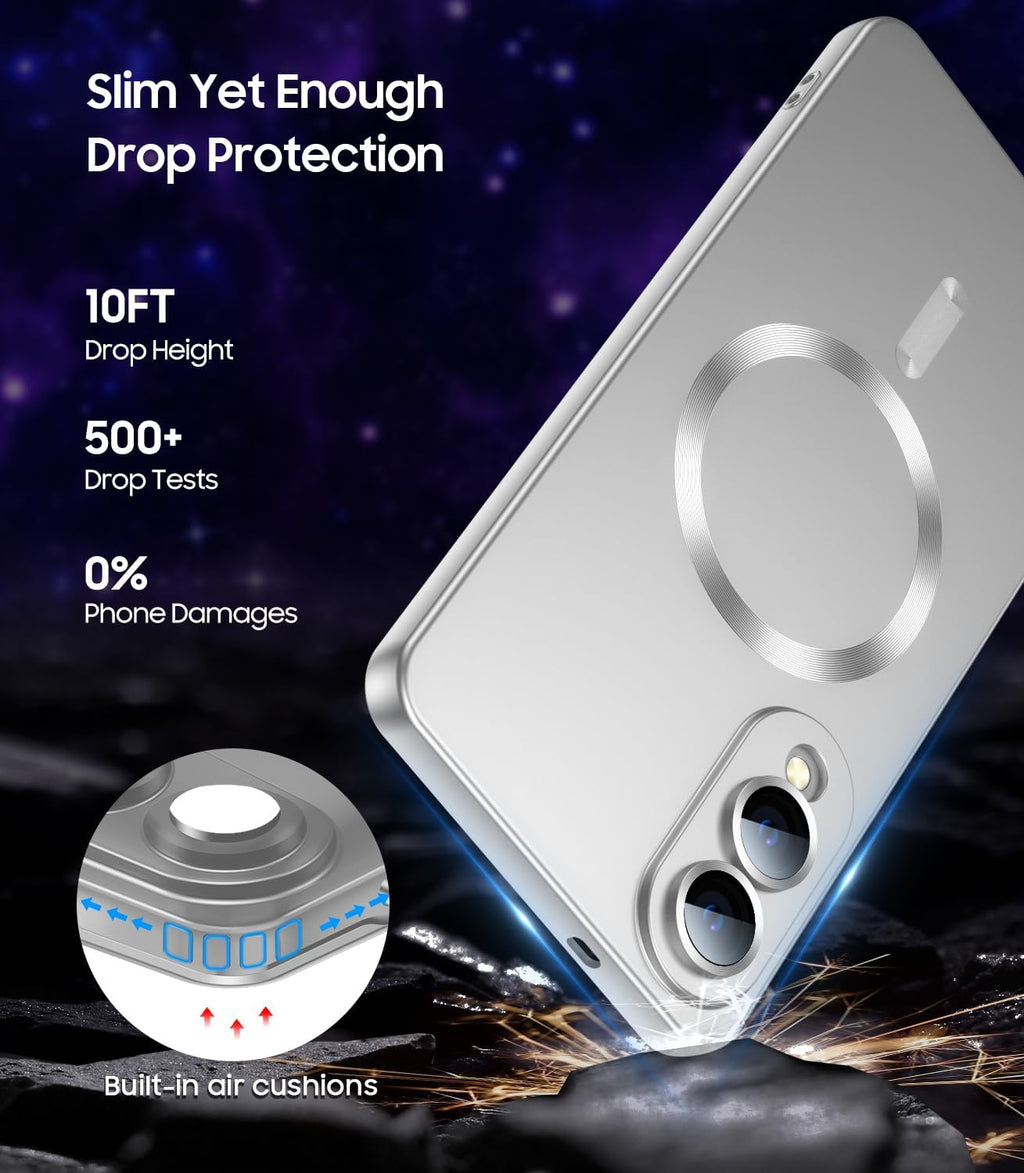 Magnetic for Samsung Galaxy S25 Edge Case [Compatible with MagSafe][Built-in Camera Lens Protector] Slim Soft Silicone Bumper Shockproof Metallic Luster Phone Case (Silver)