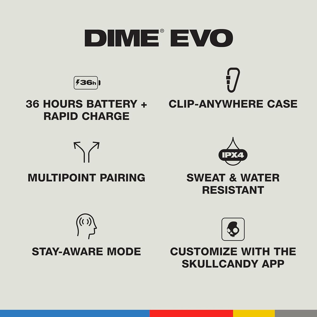 Skullcandy Dime Evo Wireless Earbuds, Bluetooth Headphones, Noise Isolating Fit, Up to 36 Hours Battery, Microphone for iPhone Android, Easy Carry with Clip-Anywhere Case - Bone