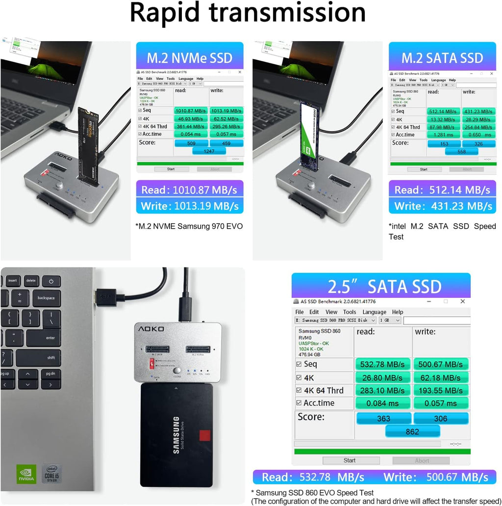 AOKO M.2 NVMe to M.2 SATA and 2.5”/3.5” SSD/HDD Clone Docking Station, USB-C 10Gbps Hard Drive Reader & Two-Way Offline Cloning Dock for M.2 SATA NVMe SSD +2.5/3.5 SATA Hard Drive Duplicator