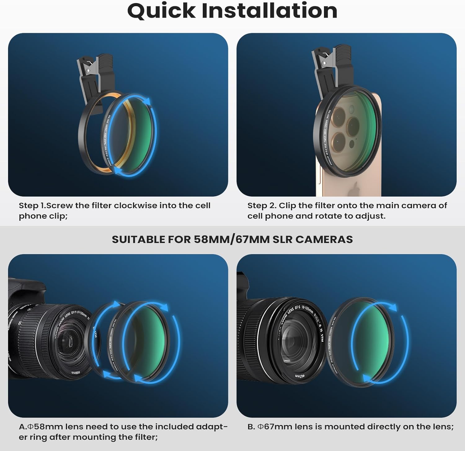 67mm CPL Filter for Phone/DSLR, HD Circular Polarizer Polarizing Filter with Universal Clip, Adapter Ring, Lens Attachment for iPhone 16 15 14 13 12 Samsung Galaxy Pixel and Other Smart Phones/Camera