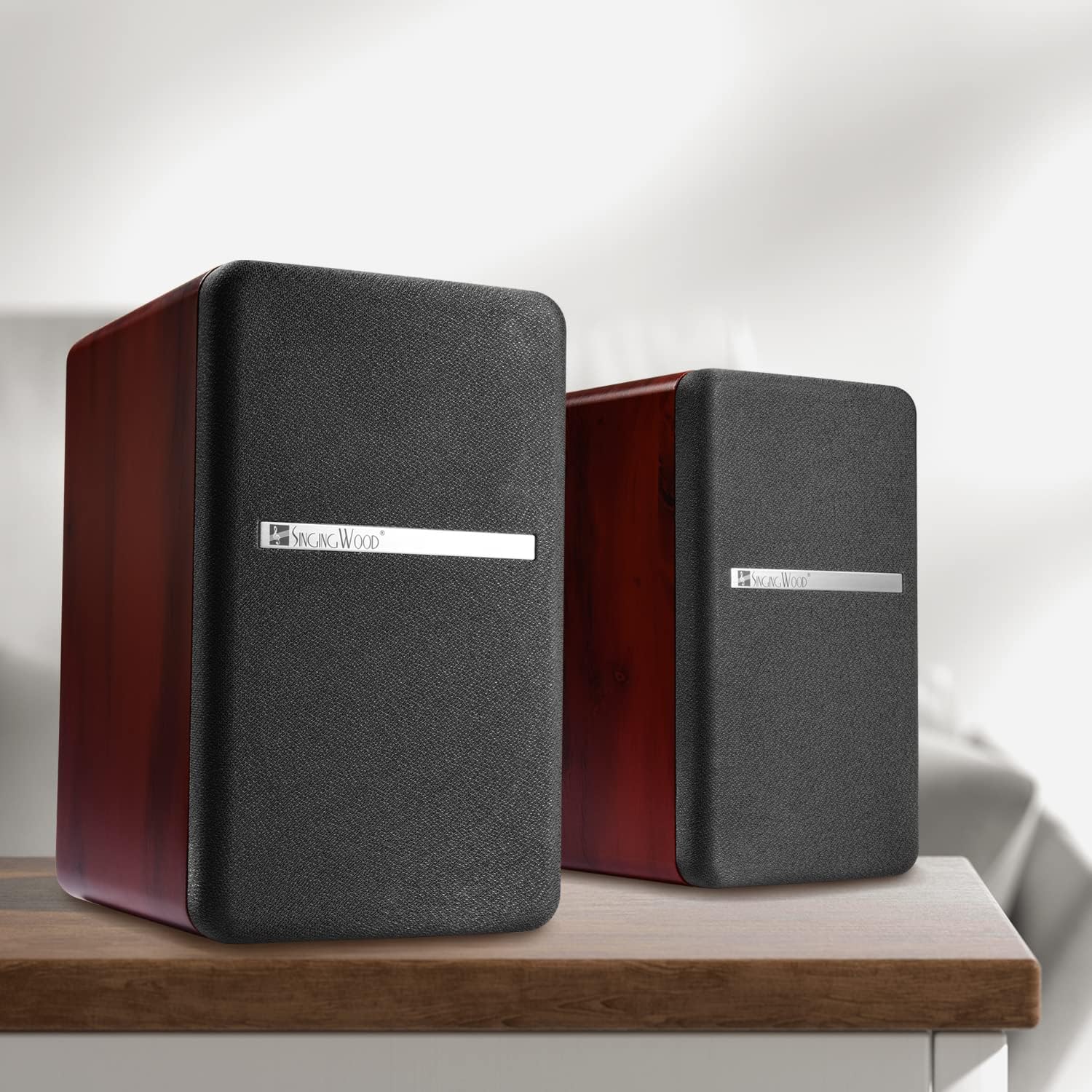 SINGING WOOD BT27 Active Powered Bluetooth Bookshelf Speakers for Studio Monitor TV Computer Turntable - 60 Watts - Wood Grain Finish (Walnut)
