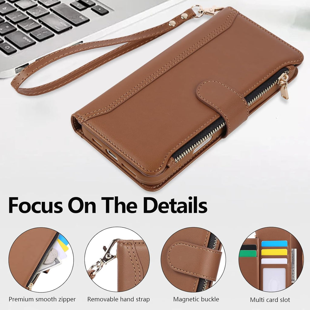 Compatible with iPhone 15 Wallet Phone Case-PU Leather Magnetic Flip Cover with Credit Card Slots,Zipper Pocket & Detachable Wrist Strap,Shockproof Design,for Women and Men-Brown