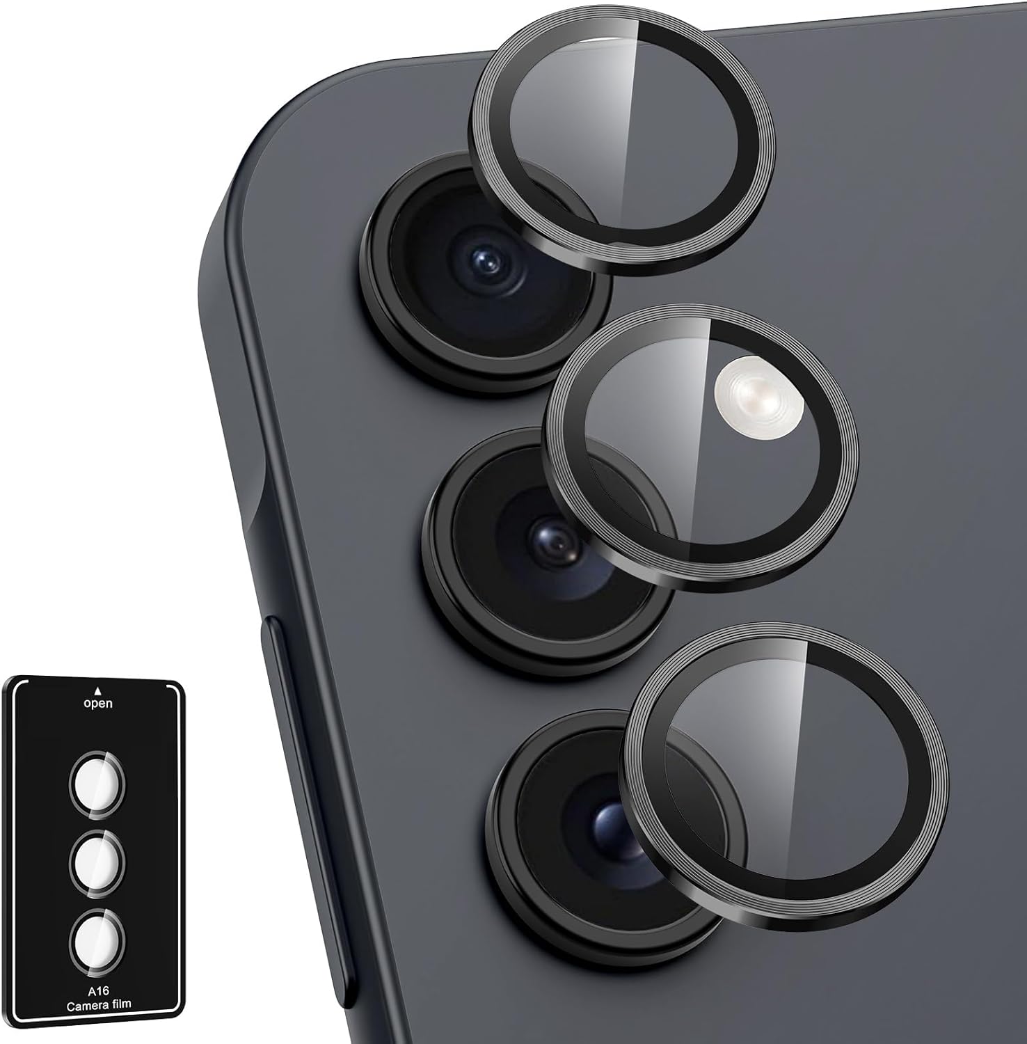 for Samsung Galaxy A16 Camera Lens Protector, Individual Metal Ring Tempered Glass Lens Cover, [Strong Adsorption] Scratch Resistant Ultra-Thin HD Clear Lens Cover, 1 Set-Black