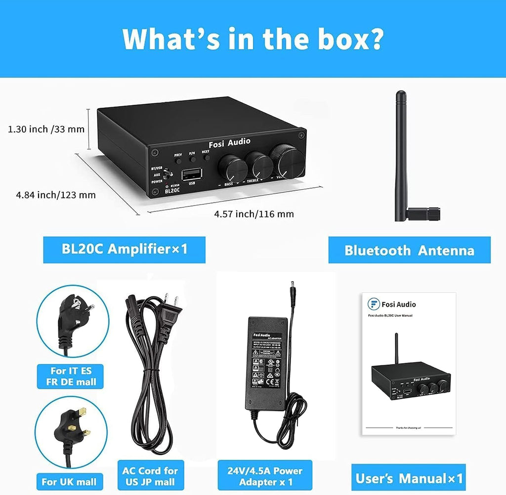 Fosi Audio BL20C Bluetooth 5.0 Stereo Audio Receiver Amplifier 320 Watts 2.1 CH Mini Hi-Fi Class D TDA7498E Integrated Amp U-Disk Player for Home Passive Speakers Powered Subwoofer(with Power Supply)