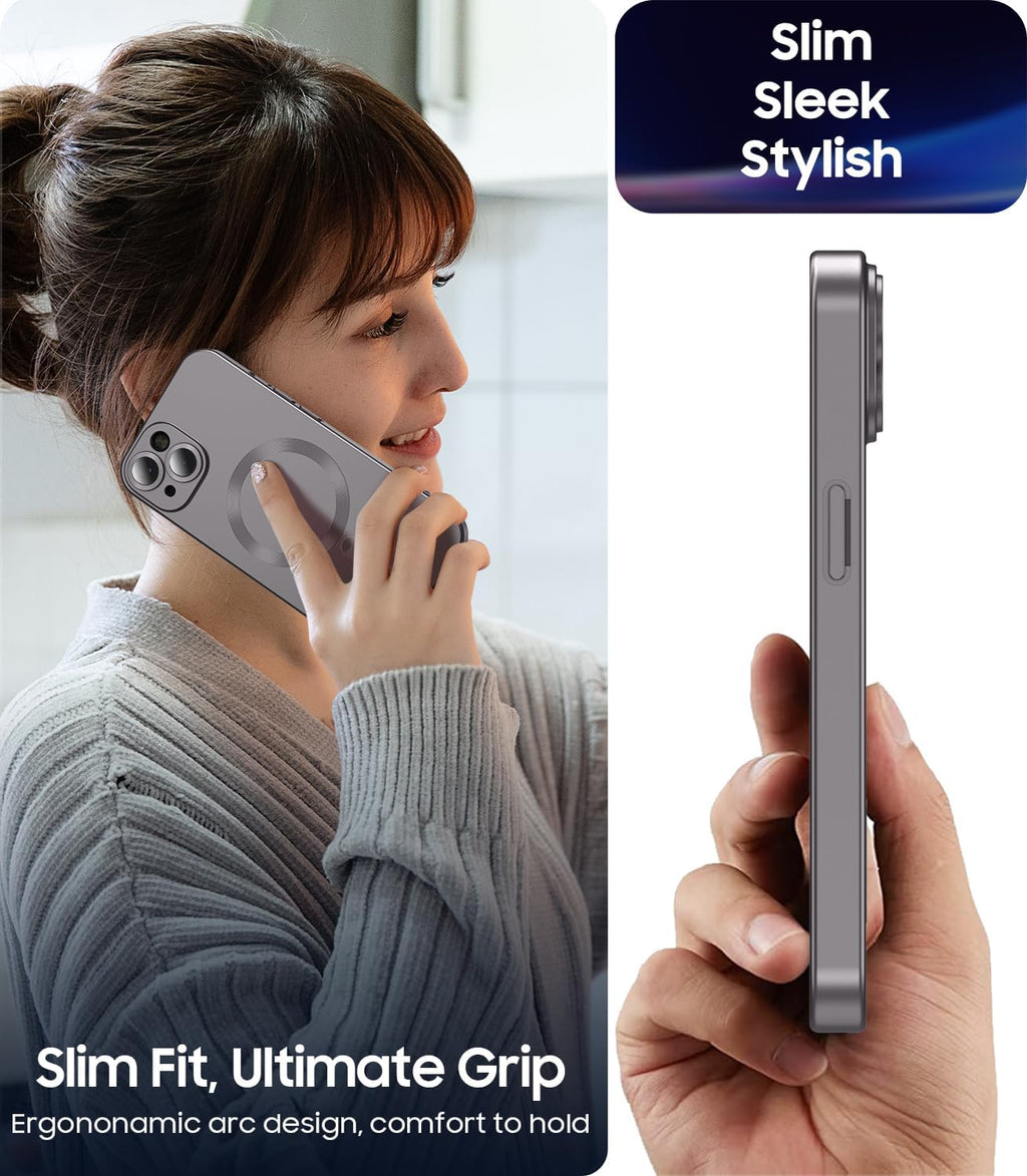 Magnetic for iPhone 14 Plus Case [Compatible with MagSafe][Built-in Camera Lens Protector] Slim Soft Silicone Bumper Shockproof Metallic Luster Phone Case (Gray)