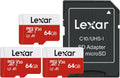 Lexar E-Series 64GB Micro SD Card 3 Pack, microSDXC UHS-I Flash Memory Card with Adapter, 100MB/s, C10, U3, A1, V30, Full HD, 4K UHD, High Speed TF Card