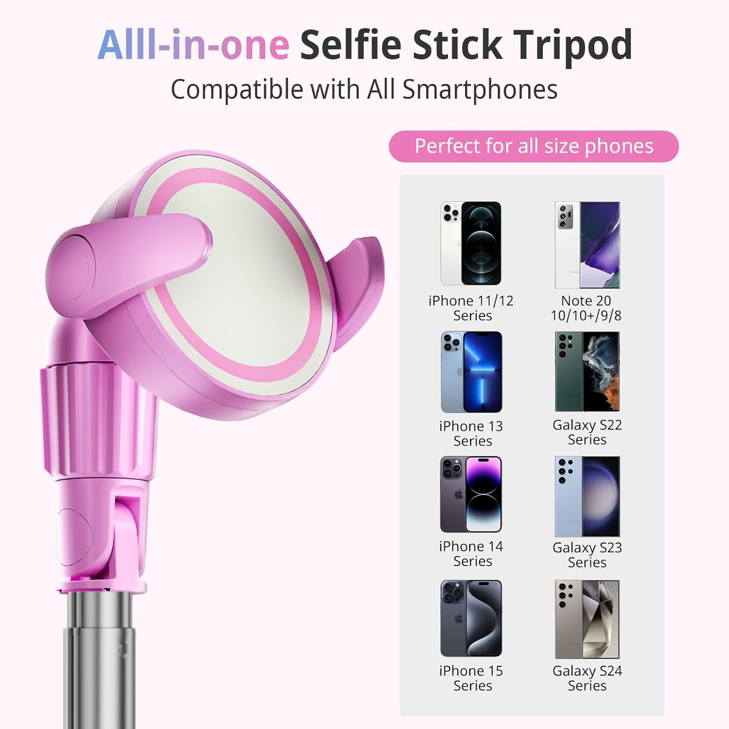 UBeesize Pink 62'' Magnetic Selfie Stick & Phone Tripod with Remote Shutter