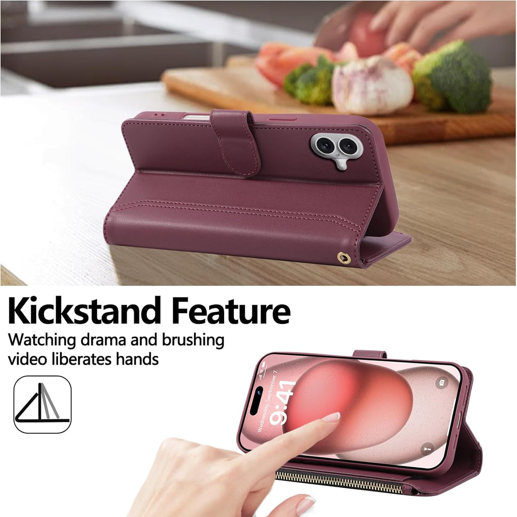 Compatible with iPhone 16 Wallet Phone Case-PU Leather Magnetic Flip Cover with Credit Card Slots,Zipper Pocket & Detachable Wrist Strap,Shockproof Design,for Women and Men-Claret