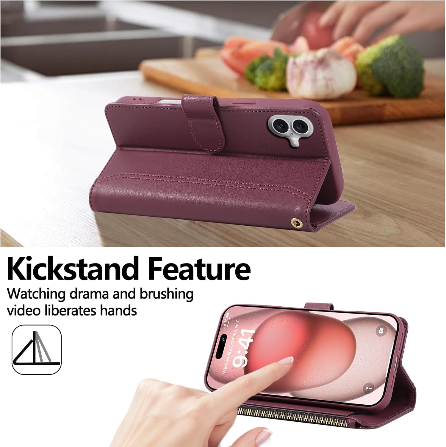 Compatible with iPhone 16 Wallet Phone Case-PU Leather Magnetic Flip Cover with Credit Card Slots,Zipper Pocket & Detachable Wrist Strap,Shockproof Design,for Women and Men-Claret