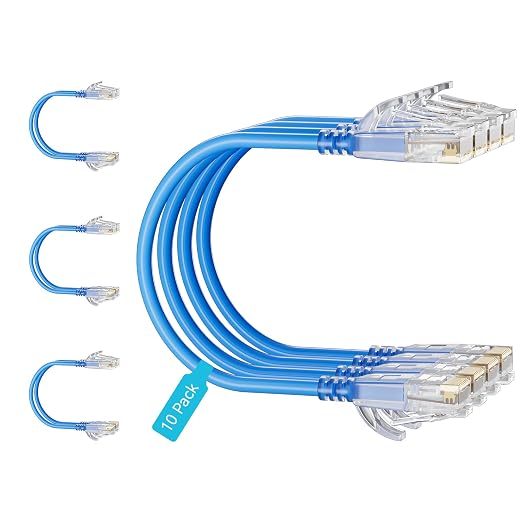 Cat6 Slim Patch Cables 2 Feet 10-Pack Blue, Cat6a Patch Cables 10Gbps 550MHz by Unknown