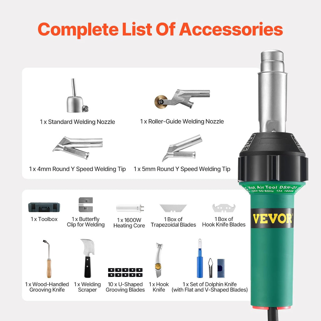 VEVOR Hot Air Plastic Welder, 1600W Hot Air Torch Pistol, 122-1112℉ PVC TPO Vinyl Heat Gun Welding Torch, Plastic Roofing Welding Kit with 14 Accessories- Toolbox, Nozzle, Roller, Blades for PP/PE/PVC