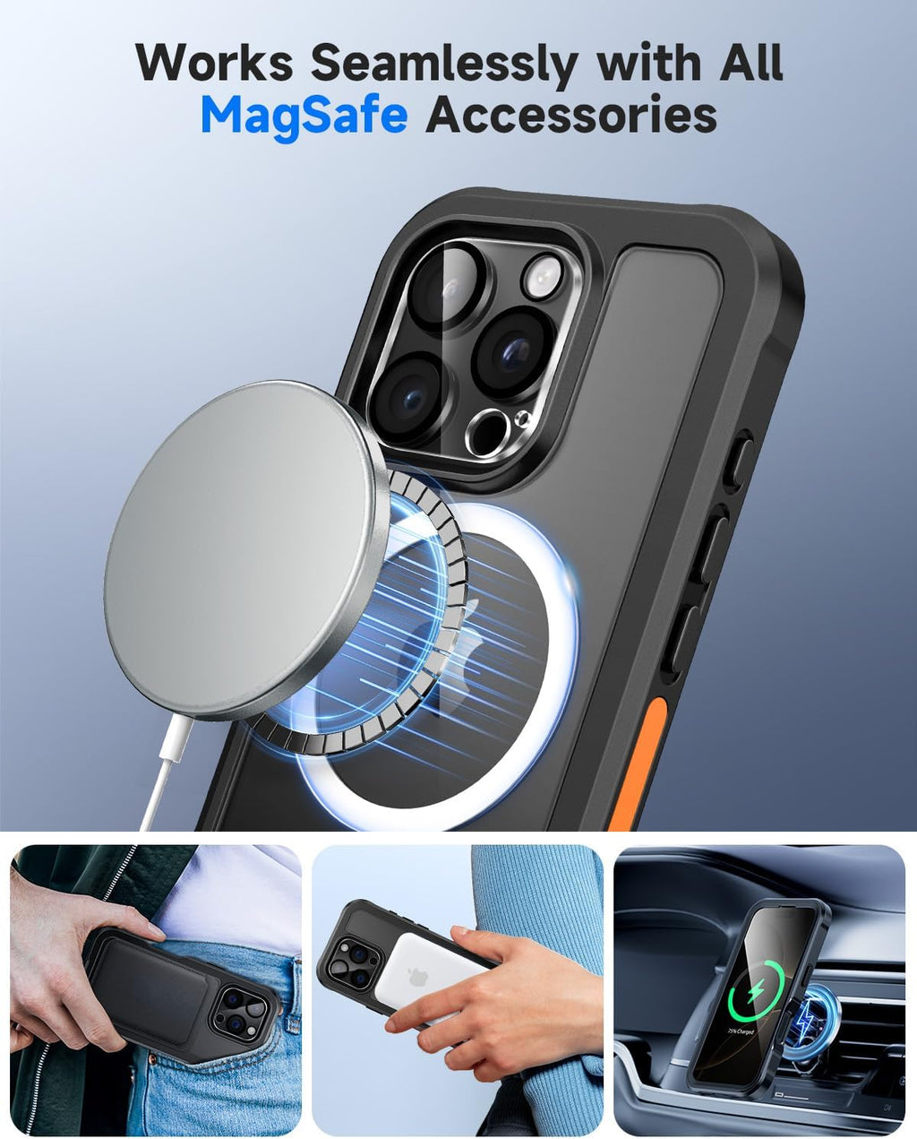 seacosmo for iPhone 16 Pro Case, Full Body Bumper with Built-in 9H Tempered Glass Privacy Screen Protector and Camera Lens Protector, Compatible with MagSafe, Shockproof Phone Cover, 6.3", Black