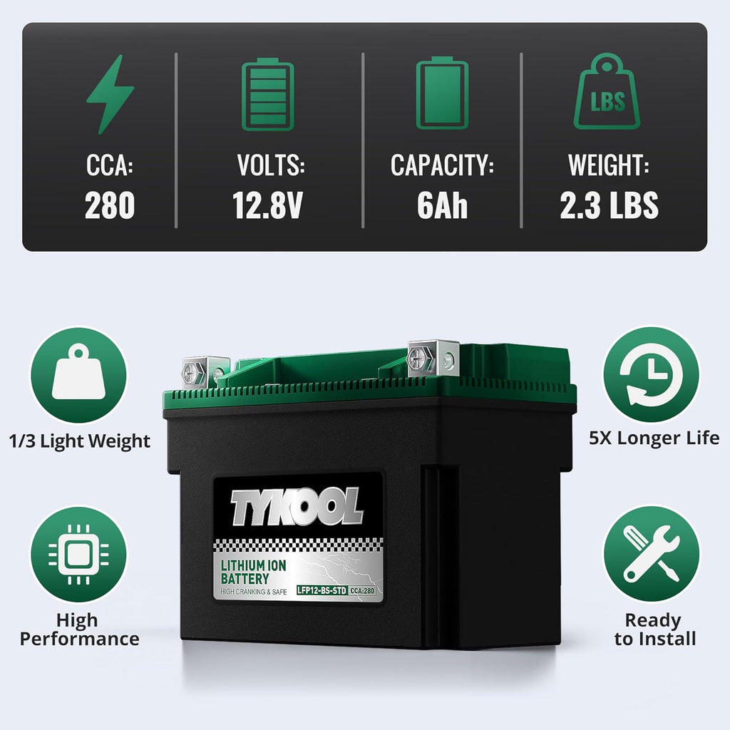 TYKOOL YTX12-BS STD LiFePO4 Lithium Motorcycle Battery,280CCA,2X Cranking Amps,Digital Readout,Compitable for BMW F850GS,Kawasaki Vulcan 900, BRP (Can-AM) DS250 ATV,Piaggio Vespa 300cc Scooter