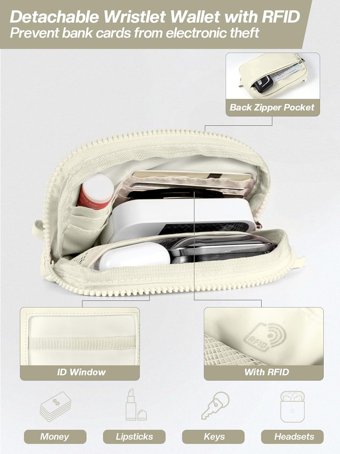 Clip and Go Strap for Phone with Wallet Crossbody Phone Lanyard Adjustable and Detachable RFID Wristlet Wallet with ID Window and Zipper, Beige
