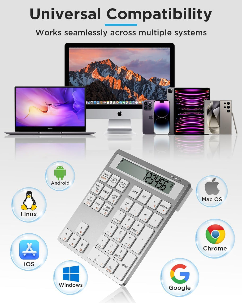 Rechargeable Wireless Number Pad for Laptop, 34 Keys Numeric Keypad with Dual Bluetooth & Display, 2-in-1 Numpad and Calculator, Slim Portable Number Pad Keyboard for Windows, Mac, PC, Tablet