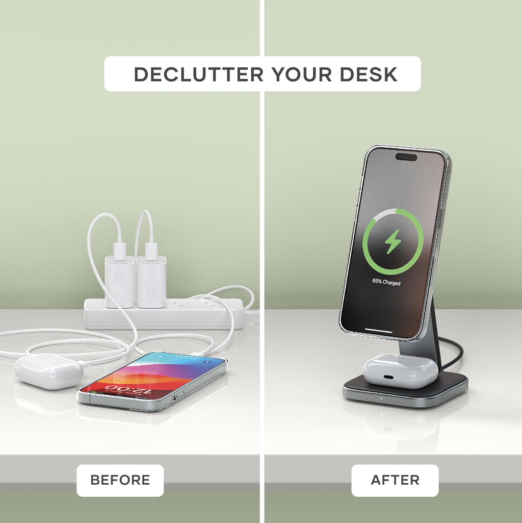 Satechi 2 in 1 Wireless Charger, Qi2 15W Dual Wireless Charger Stand, Magnetic, Foldable Travel Charger Station for iPhone 16/15/14/13/12, and AirPods Pro/3/2