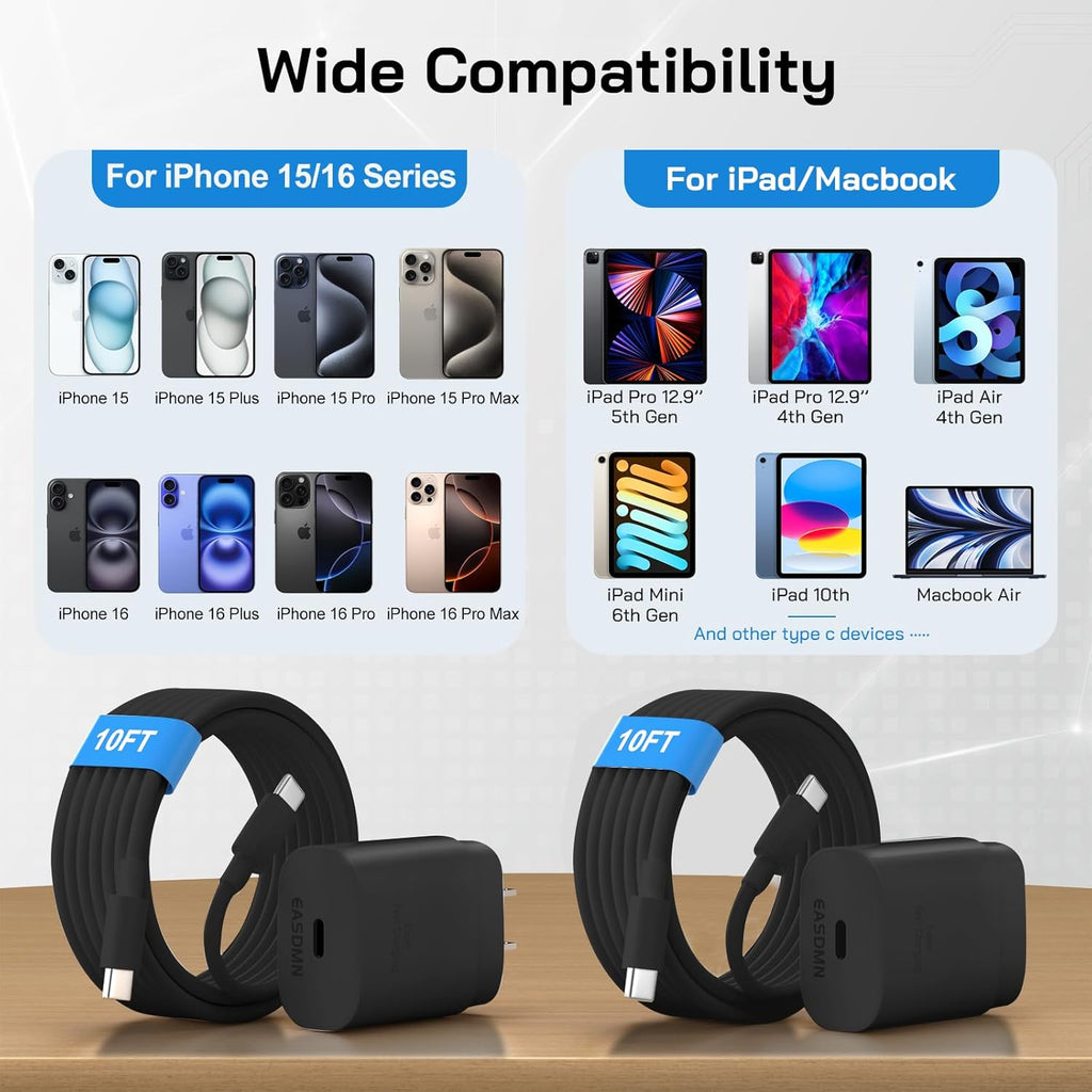 30W USB C i Phone 16 15 Charger Fast Charging, 2PACK Wall Charger for iPhone 16 15 Pro Max Charger Cord 10FT Fast Type C Charger Block for iPhone 16/16 Pro/15 Plus/15 Pro/15 Pro Max, iPad Pro, Black