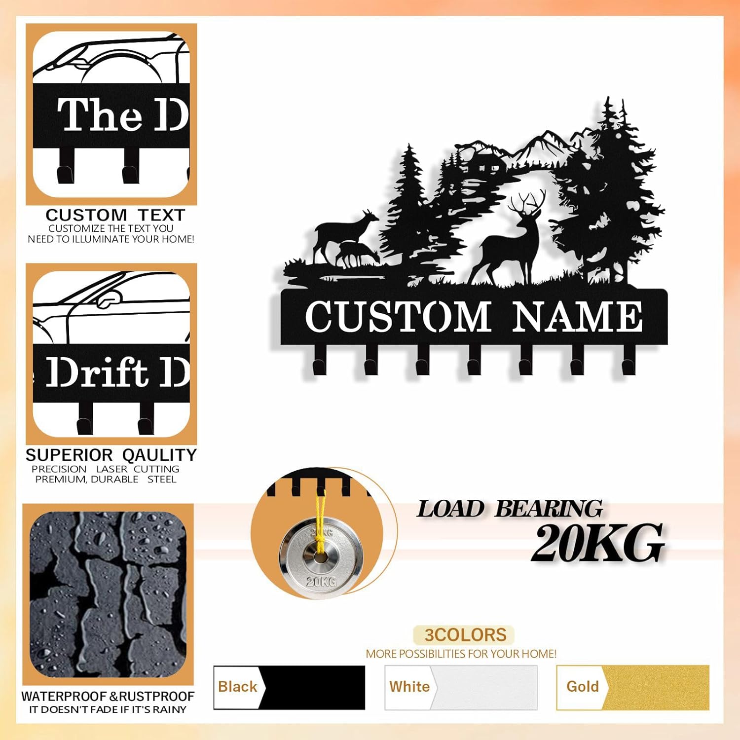 Personalized Deer Key Holder Wall Mount, Custom Metal Key Rack Key Holder with Name, Deer Cabin Wall Keys Hanger with Hooks for Entryway, Front Door, Hallway, Kitchen, Living Room
