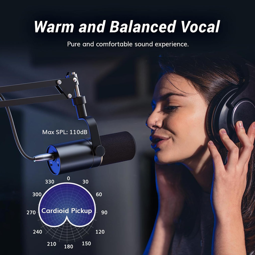 TONOR Dynamic Microphone, XLR/USB Microphone for Podcast, Recording, Streaming, Gaming, XLR Cardioid Studio Mic with Quick Mute, 3.5mm Headphone Jack, Volume Control, Mic with Boom Arm, White, TD510+