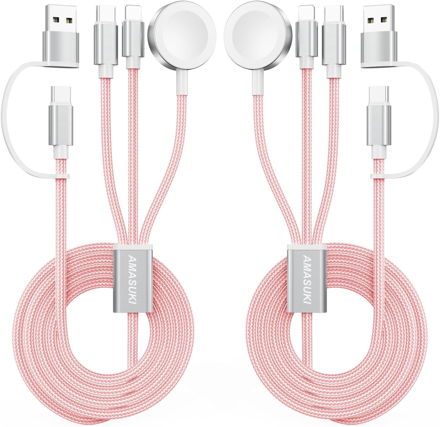 2Pack Pink-Travel Essentials 3 in 2 USB C Cable for Watch Charger Phone Charger USB C Multi Fast Charging Cable Compatible with Watch Ultra/SE/10/9/8/7/6/5/4/3/2/1 & Phone 16/15/14/Galaxy S23-4FT