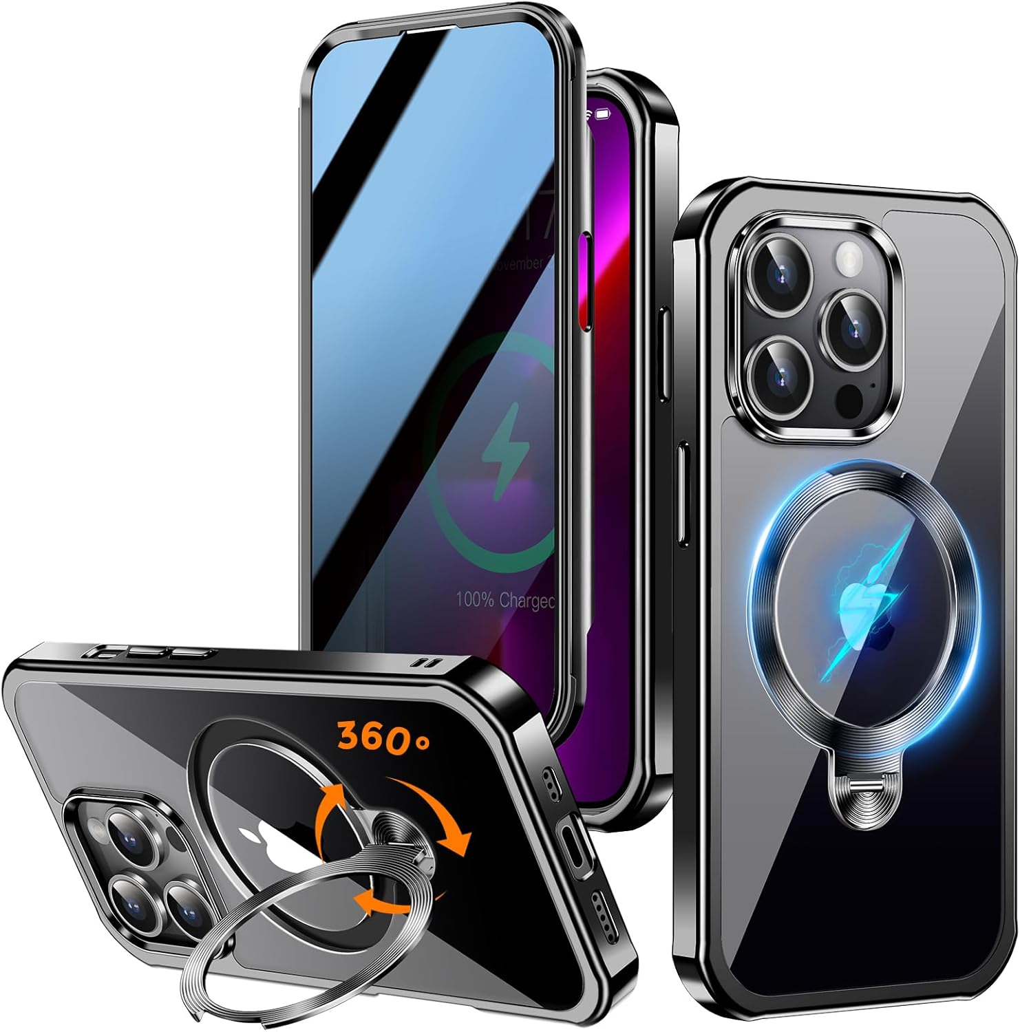 [360° Rotatable CD Stand & Built-in Privacy Screen Magnetic Case for iPhone 13 Pro [Compatible with MagSafe & Full Signal] Mil-Grade Shockproof Full Body Anti-Spy Cover for 13 Pro-Black
