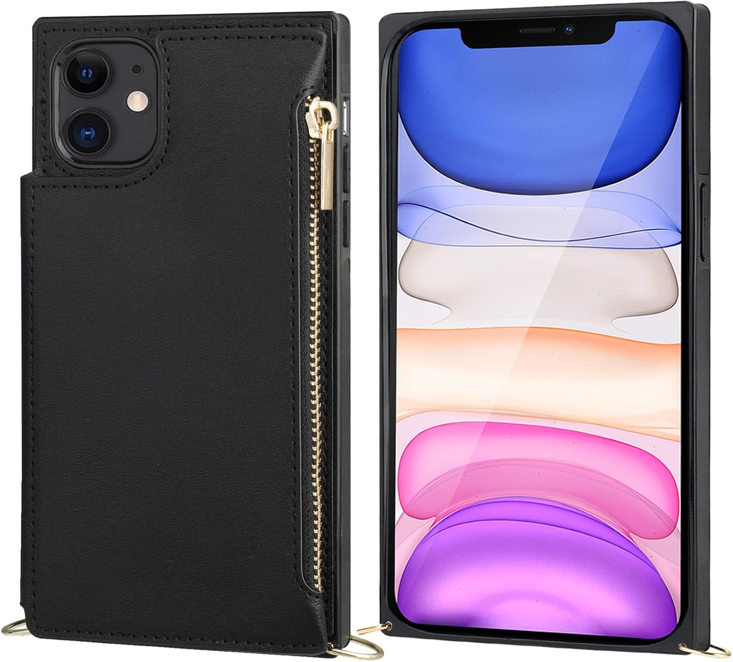 Bocasal Crossbody Wallet Case for iPhone 11 with Card Holder,Zipper Card Slot Protector Shockproof Purse Cover with Removable Cross Body Strap 6.1 Inch(Black)