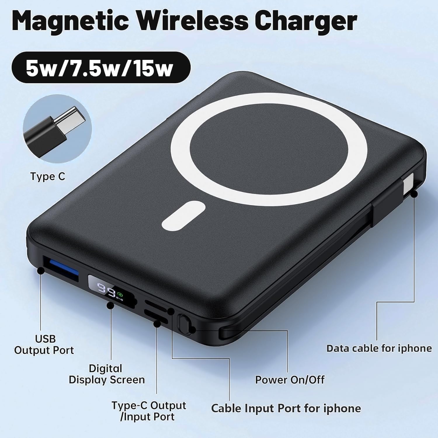 Azmuth for Magsafe Battery Pack, 10000mAh Magnetic Power Bank 22.5W PD Fast Charging with USB-C Cable LED Display Wireless Portable Charger for Magsafe with Stand for iPhone 16/15/14/13/12/Pro/Pro Max
