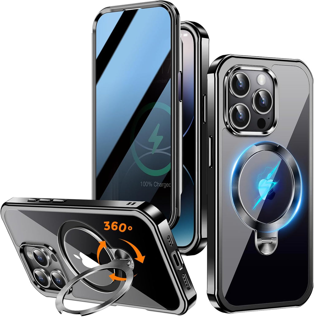 [360° Rotatable CD Stand & Built-in Privacy Screen Magnetic Case for iPhone 15 Pro Max[Compatible with MagSafe&Full Signal] Mil-Grade Shockproof Full Body Anti-Spy Cover for 15 Pro Max-Black