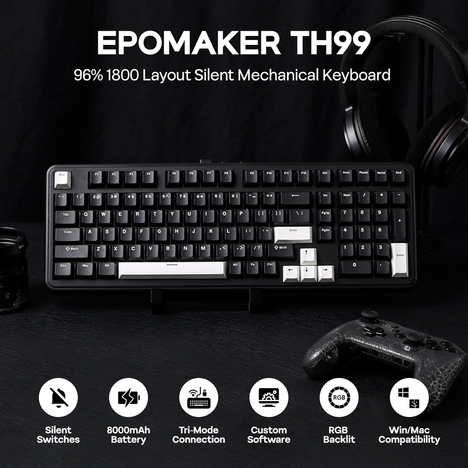 EPOMAKER TH99 Wireless Mechanical Keyboard with Lubed Silent Switch, Quiet Gaming Keyboard, 8000mAh,Creamy Gasket,RGB Backlit,Numpad,PBT Keycap,Hot Swappable,for Gamers/Office (Black)