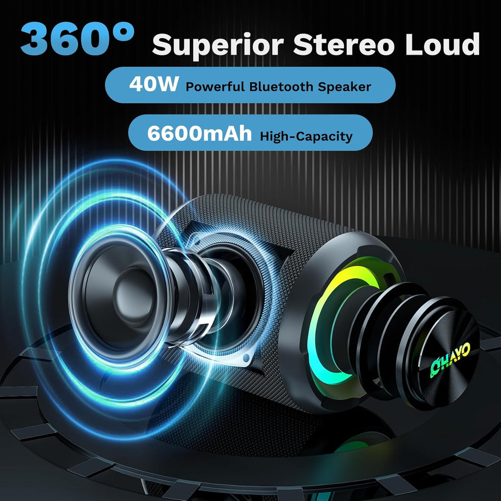 OHAYO 40W Wireless Portable Bluetooth Speaker with Lights, IPX7 Waterproof, Loud Sound, RGB Lights,TWS Pairing, AUX&TF-Card in, for Home/Party/Travel/Outdoor/Beach