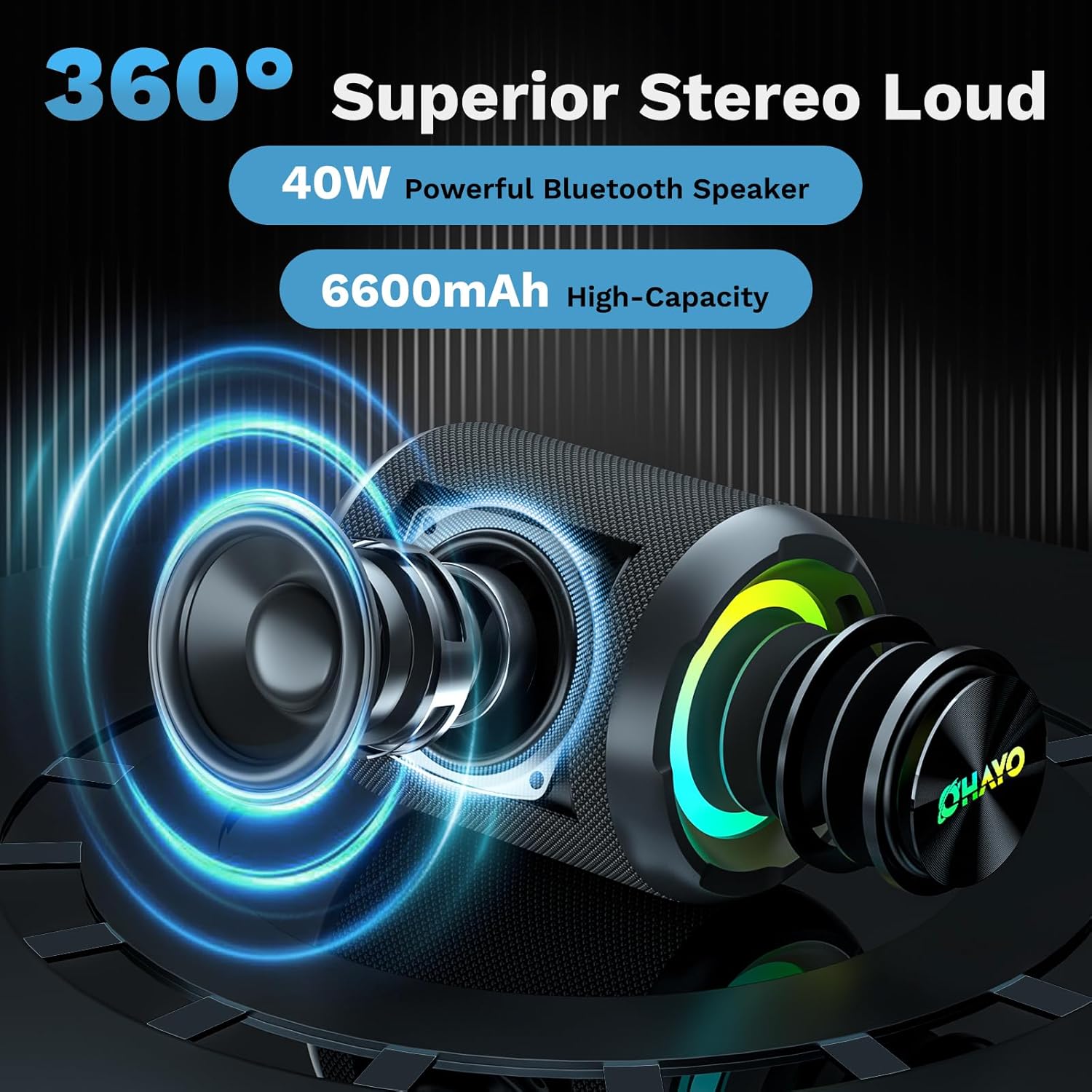 OHAYO 40W Wireless Portable Bluetooth Speaker with Lights, IPX7 Waterproof, Loud Sound, RGB Lights,TWS Pairing, AUX&TF-Card in, for Home/Party/Travel/Outdoor/Beach