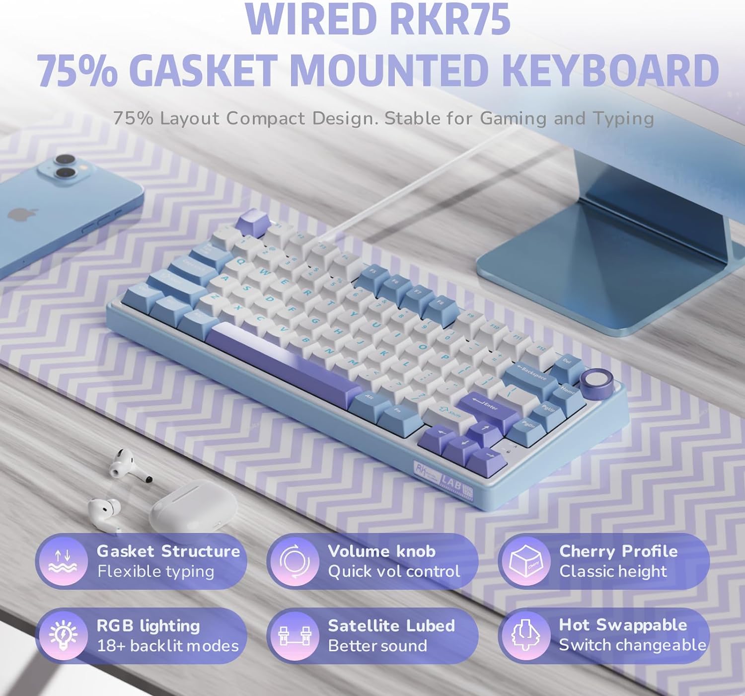 RK ROYAL KLUDGE R75 Mechanical Keyboard Wired with Volume Knob, 75% Custom Gaming Keyboard Gasket Mount RGB Backlit with Software, Cherry Profile, Hot Swappable Silver Switch, PBT Keycaps