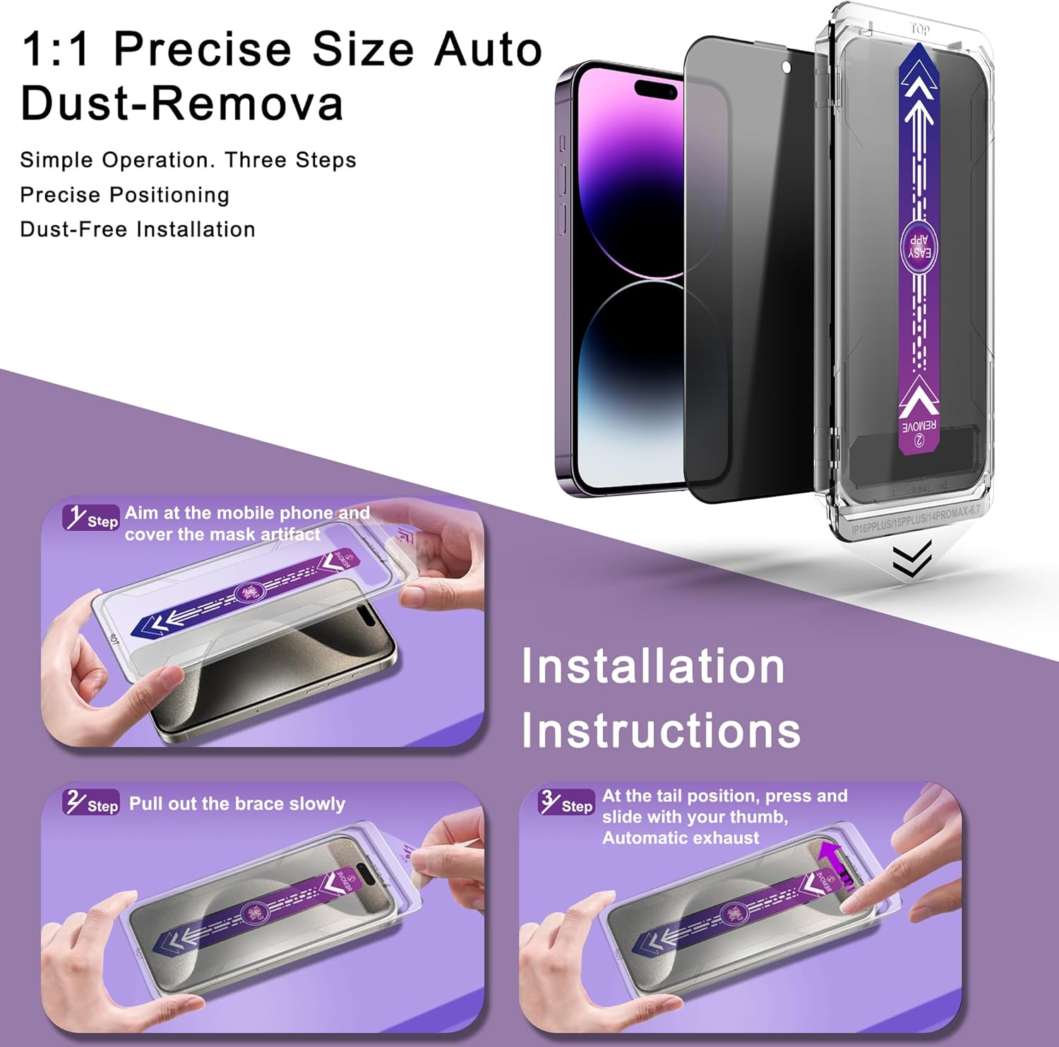 2 Pack Privacy Screen Protector for iPhone 14 Pro Max/iPhon 15 Plus/iPhon 16 Plus, 9H Tempered Glass, Full Coverage, Anti-Fingerprint, Auto Dust-Elimination, No Bubble, Easy Installation