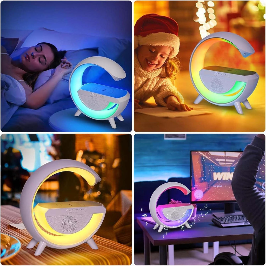 Table Lamp with Bluetooth Speaker, G Bedside Lamp with 15W Wireless Charger, Atmosphere Desk Lamp with Alarm Clock, RGB Bedside Nightstand Lamp, Hi-Fi Sound, Time Display