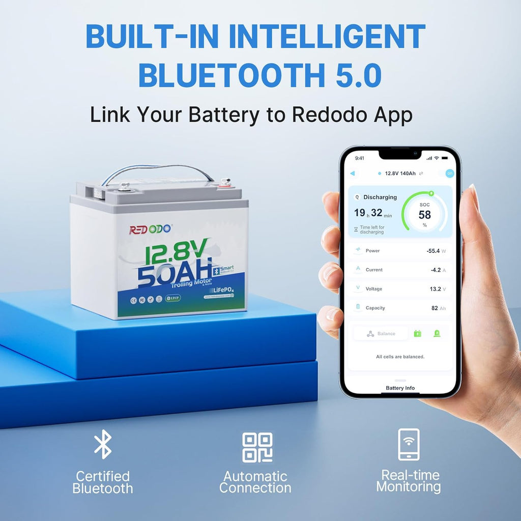 Redodo Smart Bluetooth 12V 50Ah LiFePO4 Lithium Battery for Trolling Motor, Low-Temp Protection, 10 Years Lifetime, Lightweight & Portable Perfect for RV, Solar, Boat Marine and Camping 2 Pack