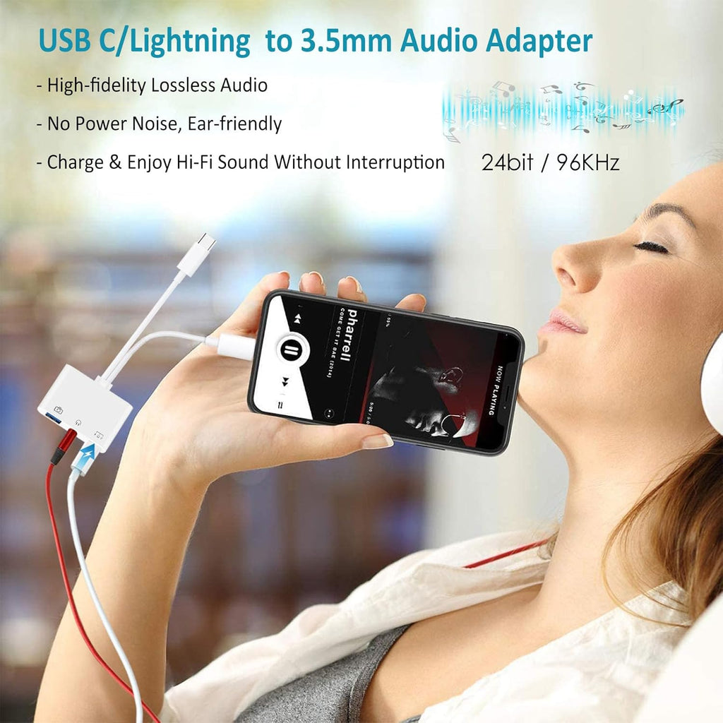 USB-C & Lightning to 3.5mm Headphone Adapter, 3-in-1 USB OTG Camera Adapter & Aux Headphone Splitter, Supports Charging/Audio/Data Transfer for iPhone 16/15/14/13/12, Samsung Galaxy S25/24, Laptops