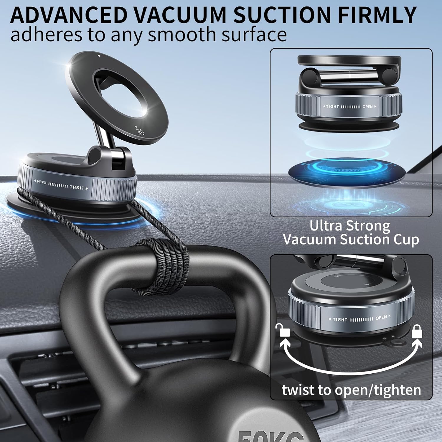 Vacuum Suction Magnetic Phone Holder, 2025 Upgraded Vacuum Suction Cup Mount for Magsafe, 360° Adjustable Foldable Portable Magnetic Car Phone Stand for Cars/Gyms/Mirrors/Smooth Surface (Black)